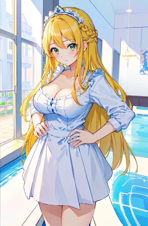 1girl、  anime girl in maid clothes standing、alone、 anime girl standing 、blonde、long hair、green eyes、french braid、crown braid、 be...