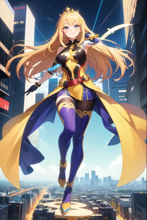 2 Star-shaped hair ornaments, Yellow wristbands, Long purple and blue gloves, Yellow shoulder pads, Purple legs, Long blue boots