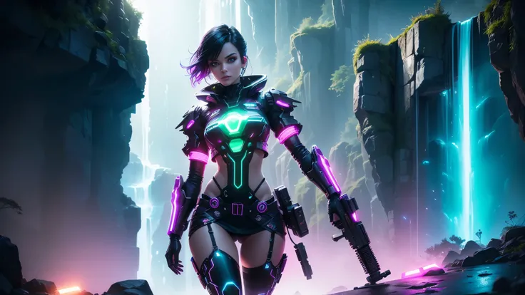 Low angle view. a neon punk-style masterpiece with a lush waterfall illuminated by bioluminescent glow. neon color palette and textures, futuristic vibe. surreal and punk-infused natural wonderland. At night, (1 robotic western woman with mechanical arms, ...