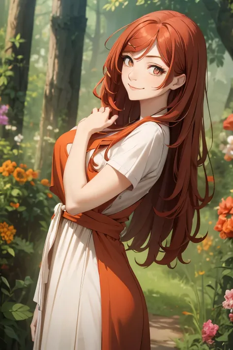 An adult commoner woman of natural beauty , with long red orange hair that falls in soft waves.  Her bright eyes and warm smile light up her face. despite its simplicity, shes charming. your clothes are humble, made of simple fabric ,  a modest and faded d...