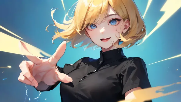 ((One Girl))),((((Right eye close-up)))、(((blue lightning background))),(((pose))),((( blonde bob short hair))),((())、((Eyes are pointing upwards)),Front view、,Masterpiece,best quality,,((Black Shirt))、((Smile))、determined expression, Full body diagram、 ( ...