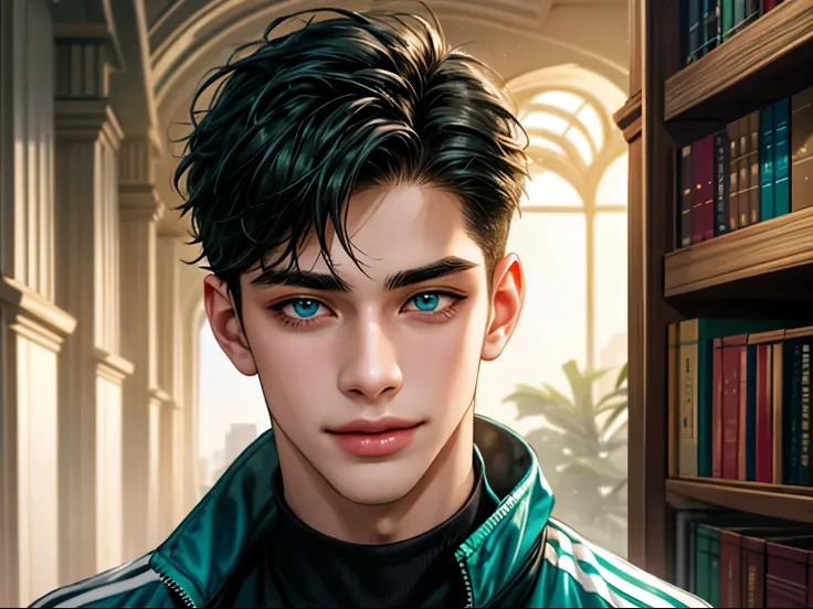 a handsome young man, 21 years old, black hair, badboy, short hair, blue eyes, ombros largos, masterpiece, absurd face, beautiful and detailed,  seductive smile ,  with dark green Adidas jacket , sunny environment during the day, In a library