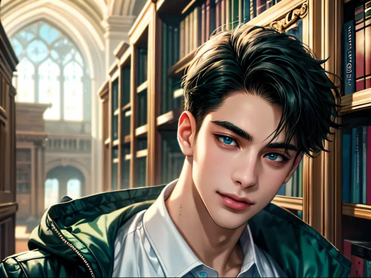 a handsome young man, 21 years old, black hair, badboy, short hair, blue eyes, ombros largos, masterpiece, absurd face, beautiful and detailed,  seductive smile ,  with dark green Adidas jacket , sunny environment during the day, In a library