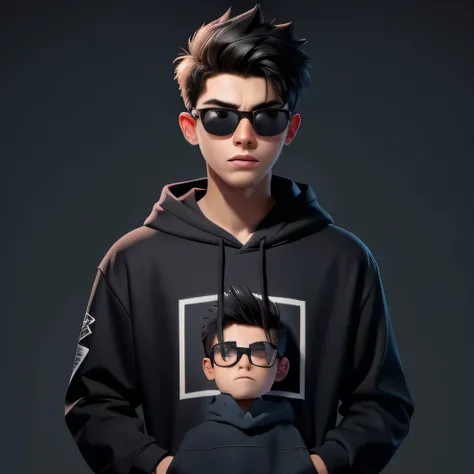 Young Man wearing a Graphic Hoodie, black sunglass glares,Facing the camera, Cartoon style, 8k. Dark gray background