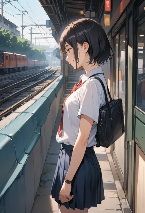 High image quality、Best Quality、Complete limbs、超High image quality、Portrait,  Documentary , photograph、Short black hair and small breasts , 疲れた表情でCommuting路を歩いている,  short hair, Student Uniform, skirt, Commuting、High image quality, Realistic,  eye level sho...