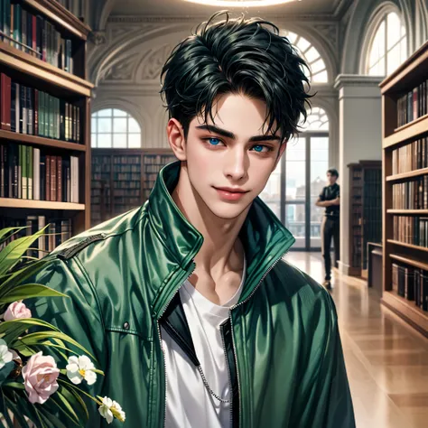 a handsome young man, 21 years old, black hair, badboy, short hair, blue eyes, ombros largos, masterpiece, absurd face, beautiful and detailed,  seductive smile ,  with dark green Adidas jacket , sunny environment during the day, In a library