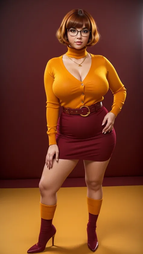 ((masterpiece, best quality, ultra-detailed, ultra-HD, photorealistic, cinematic)), (wide camera shot, full body view:1.5), (sensual pose, standing), (alluring and voluptuous female as Velma Dinkley:1.2), tight and thin yellow pants, perfect anatomy, perfe...