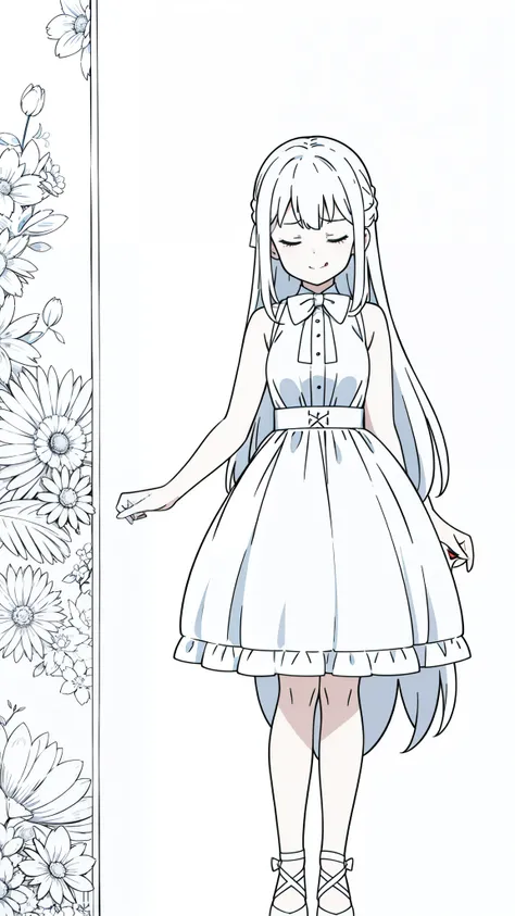 (1girl,),white hair,long hair,white dress, sleeveless, bow tie, bare shoulders,(white background,line drawing),> <, closed eyes,smug, from front, tongue out,peeking out, full body