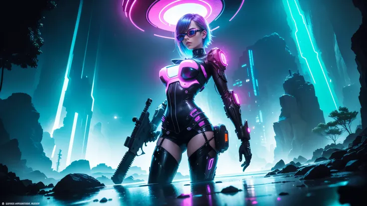 Low angle view. a neon punk-style masterpiece with a lush waterfall illuminated by bioluminescent glow. neon color palette and textures, futuristic vibe. surreal and punk-infused natural wonderland. At night, (1 robotic western woman with mechanical arms, ...