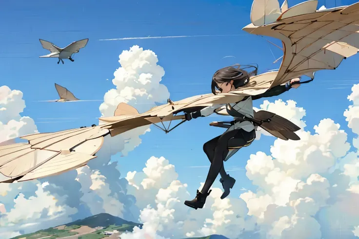   1 girl,  A girl piloting a bird-shaped glider, Bird glider  , Alone, Flying、Best Quality、High image quality、masterpiece、wallpaper、8k、