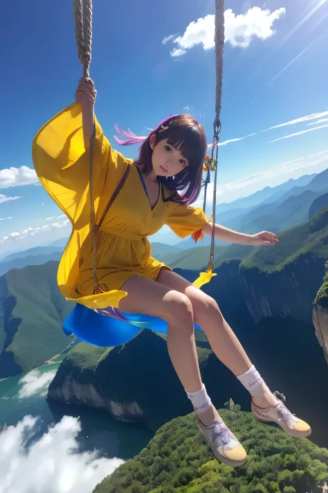 
 anime girl sitting on an empty swing with a rainbow、 shining scenery 、
 flying over mountains ,Fantastic、Fantasy Space,  fantasy galaxy ,  rainbow light , Magical, High image quality, Beautiful face、Nice nose, nice mouth , sea of clouds, Asahi,  purple a...