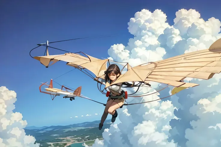   1 girl,  A girl piloting a bird-shaped glider, Bird glider  , Alone, Flying、Best Quality、High image quality、masterpiece、wallpaper、8k、