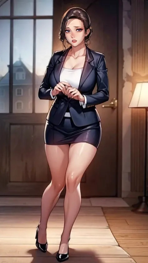(masutepiece,High quality,16k:1.1),(depth of fields:1.3) ,((front body:1.35)),German ,Woman, ((business suit, mini skirt)), tights,huge breasts, voluptuous, thicc, curvy,(Looking at Viewer:1.3),(full body shot:1.2),(Beautiful Morning view of town:1.2), tal...