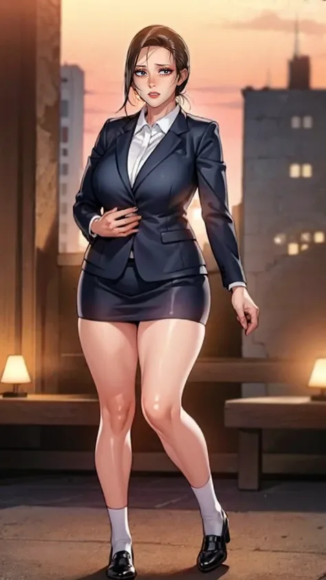 (mesa,high quality,16k:1.1),(Depth of fields:1.3) ,((front body:1.35)),German ,women, ((Business suit, mini skirt)), socks,huge breasts, voluptuous, thick, curves,(looking at the viewer:1.3),(full body shot:1.2),(Beautiful morning view of the city:1.2), hi...