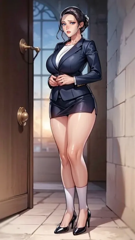(mesa,high quality,16k:1.1),(Depth of fields:1.3) ,((front body:1.35)),German ,women, ((Business suit, mini skirt)), socks,huge breasts, voluptuous, thick, curves,(looking at the viewer:1.3),(full body shot:1.2),(Beautiful morning view of the city:1.2), hi...