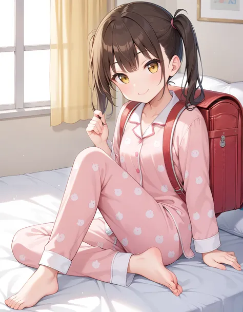 (girl) ((cute pajamas)) (wear pajamas) (slender body) (thin body), (brown hair) (yellow eyes) (pigtails) (white skin) happy and ...