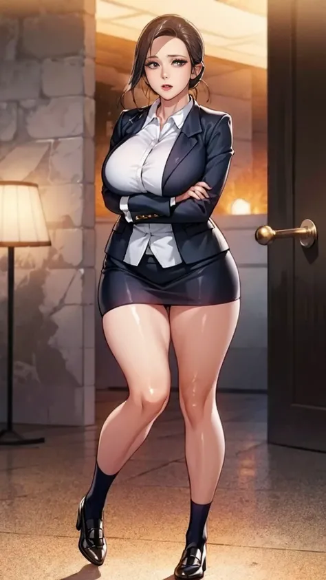 (mesa,high quality,16k:1.1),(Depth of fields:1.3) ,((front body:1.35)),German ,women, ((Business suit, mini skirt)), socks,huge breasts, voluptuous, thick, curves,(looking at the viewer:1.3),(full body shot:1.2),(Beautiful morning view of the city:1.2), hi...