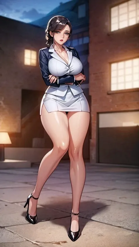 (mesa,high quality,16k:1.1),(Depth of fields:1.3) ,((front body:1.35)),German ,women, ((Business suit, mini skirt)), socks,huge breasts, voluptuous, thick, curves,(looking at the viewer:1.3),(full body shot:1.2),(Beautiful morning view of the city:1.2), hi...