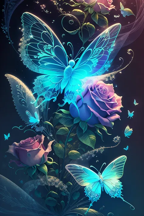 a beautiful 3d spectral crystal flower, soft fairy mist rose, transparent petals, colorful butterflies flying around the rose,