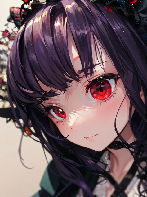 there is a doll with purple hair and red eyes, with huge luminous sad eyes, fully red eyes, dollfie dream, with glowing purple eyes, fully red eyes no pupils, with vivid purple eyes, with glowing red eyes, luminous red eyes, with red glowing eyes, red eyes...