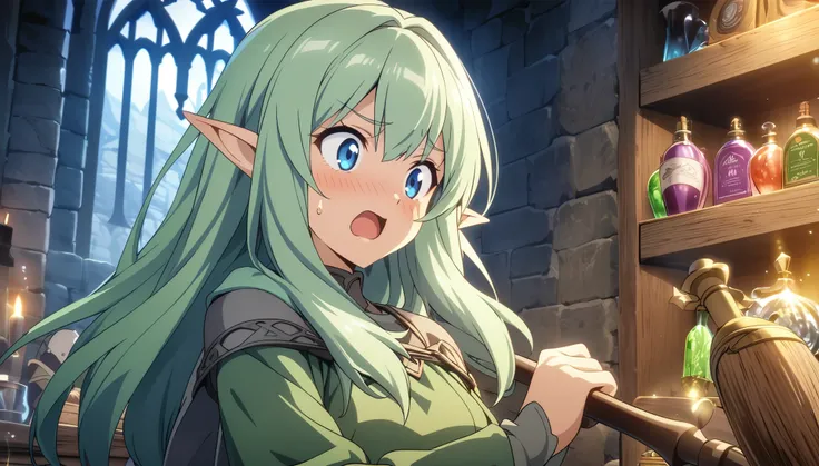 masterpiece、1 Elf Girl, Long Hair, blue eyes,  Dark Elf Girl, Elven clothing, CG,Holding a big magic wand,Surprised face,Light effects,Medieval Background、A well-organized potion section