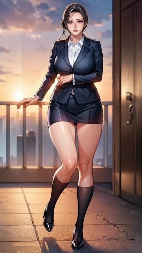 (mesa,high quality,16k:1.1),(Depth of fields:1.3) ,((front body:1.35)),German ,women, ((Business suit, mini skirt)), socks,huge breasts, voluptuous, thick, curves,(looking at the viewer:1.3),(full body shot:1.2),(Beautiful morning view of the city:1.2), hi...