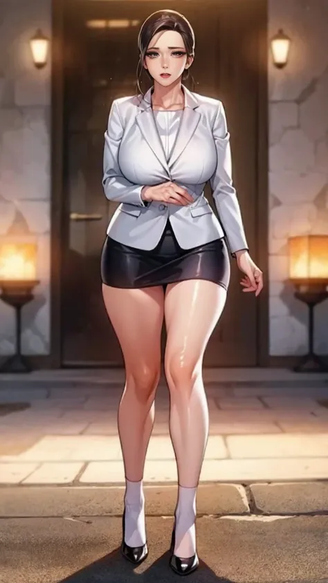 (mesa,high quality,16k:1.1),(Depth of fields:1.3) ,((front body:1.35)),German ,women, ((Business suit, mini skirt)), socks,huge breasts, voluptuous, thick, curves,(looking at the viewer:1.3),(full body shot:1.2),(Beautiful morning view of the city:1.2), hi...