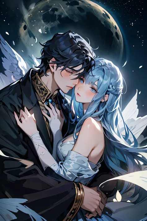 Couple,(masterpiece), ( Best quality), (Best details) very detailed face, night (Many stars, moon), shadow ( detailed, Strong contrast),MANY,Card wind,Two people,One man and one woman,Two hugging , elegant lines , surrealism , Very Detailed , And a 16k r...