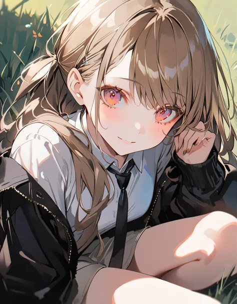 masterpiece， Best Quality ，anime girl, Cute, Sit in the grass , Guvez style artwork , light brown hair，tie up hair， with flowing hair