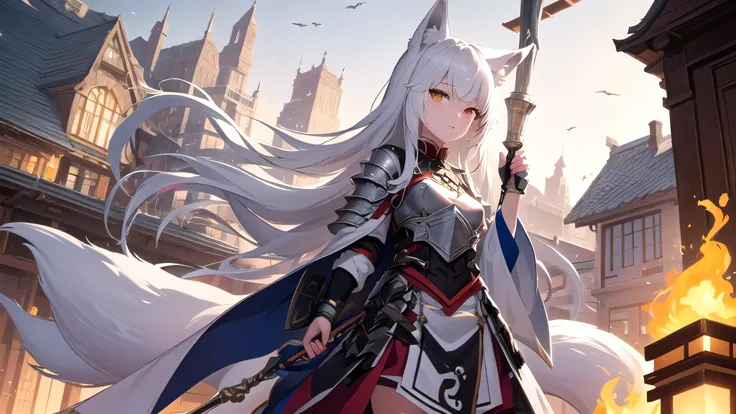  Anime Characters， There is a dog and a house in the background, 白毛Fox, Fox和灌木, Fox, a beautiful Fox woman, 美麗的Fox女士,  White Fox Animation , Fox three - tailed Fox, Fox holding torch, colorful Fox city, White-haired God, Fox inspired armor, Holo is a wolf ...