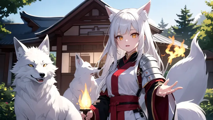  Anime Characters， There is a dog and a house in the background, 白毛Fox, Fox和灌木, Fox, a beautiful Fox woman, 美麗的Fox女士,  White Fox Animation , Fox three - tailed Fox, Fox holding torch, colorful Fox city, White-haired God, Fox inspired armor, Holo is a wolf ...