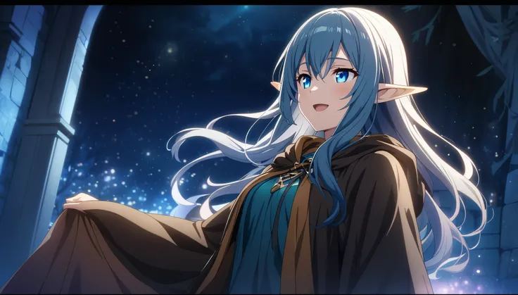 masterpiece、1 Elf Girl, Long Hair, blue eyes,  Dark Elf Girl,  Mage Robe, CG, The Singing Bard,smile,Light effects,魔法具屋のnightの静けさ、night