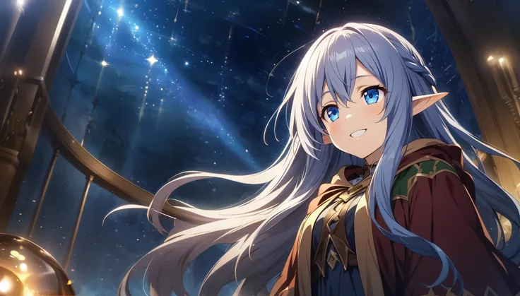 masterpiece、1 Elf Girl, Long Hair, blue eyes,  Dark Elf Girl,  Mage Robe, CG, The Singing Bard,smile,Light effects,An observatory that looks up in the sky、night