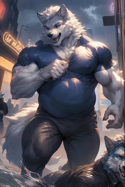 (By Empty Ghost, From thebigslick, By Dark Gem, Will chase), High-quality photos, Perfect anatomical structure, (duo:1.6), (wolf print), bara wolf, wolf, 30, (white fur:1.3), (massive pectoral muscles), strong physique, chubby,  big belly, perfect anatomy,...