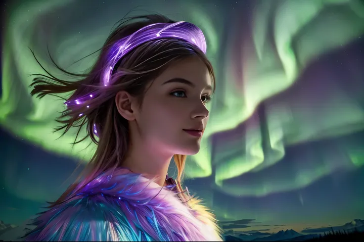 Beautiful girl shining illuminated by auroras