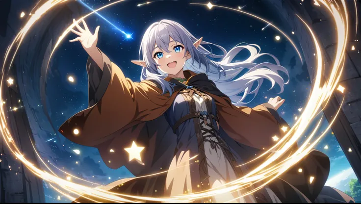 masterpiece、1 Elf Girl, Long Hair, blue eyes,  Dark Elf Girl,  Mage Robe, CG, The Singing Bard,smile,Light effects,An observatory that looks up in the sky、night、Shooting Star