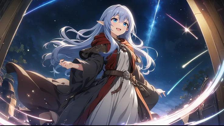 masterpiece、1 Elf Girl, Long Hair, blue eyes,  Dark Elf Girl,  Mage Robe, CG, The Singing Bard,smile,Light effects,An observatory that looks up in the sky、night、Shooting Star