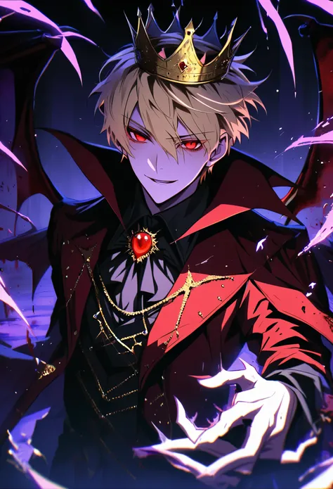 Handsome, solo, 1 male, short hair, blond hair, red eyes, red clothes, crown, night, black light, blood, bloodfiend, vampire