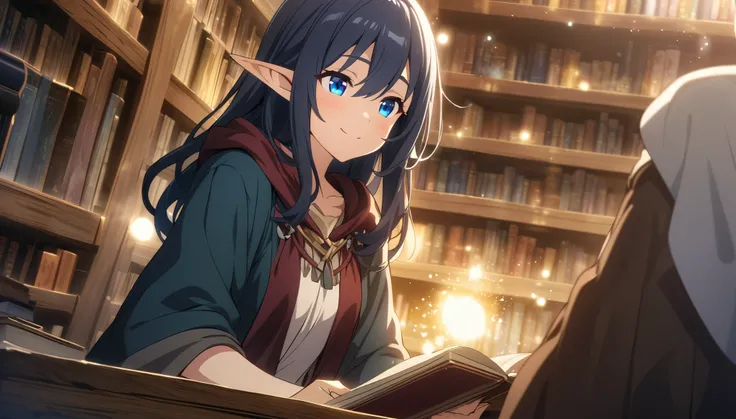 masterpiece、1 Elf Girl, Long Hair, blue eyes,  Dark Elf Girl,  Mage Robe, CG, The Singing Bard,smile,Light effects,Searching for knowledge at second-hand bookstores