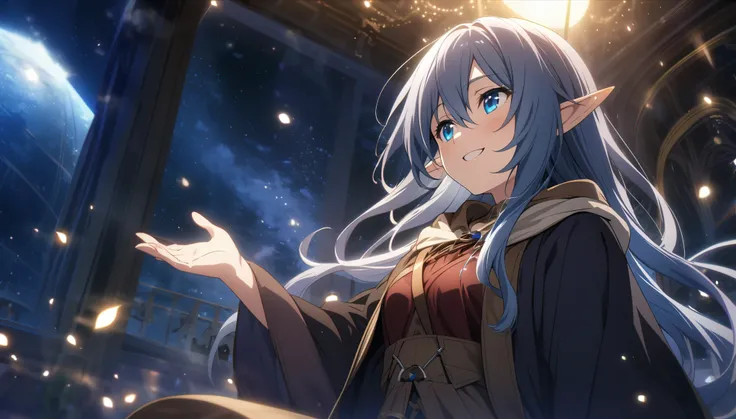 masterpiece、1 Elf Girl, Long Hair, blue eyes,  Dark Elf Girl,  Mage Robe, CG, The Singing Bard,smile,Light effects,An observatory that looks up in the sky、night