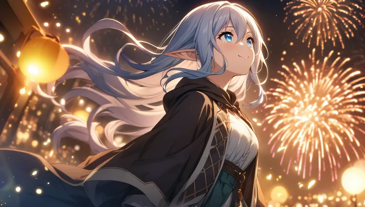 masterpiece、1 Elf Girl, Long Hair, blue eyes,  Dark Elf Girl,  Mage Robe, CG, The Singing Bard,smile,Light effects,Looking up at the fireworks display、night