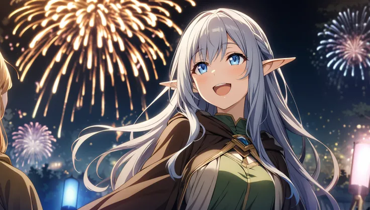 masterpiece、1 Elf Girl, Long Hair, blue eyes,  Dark Elf Girl,  Mage Robe, CG, The Singing Bard,smile,Light effects,Looking up at the fireworks display、night