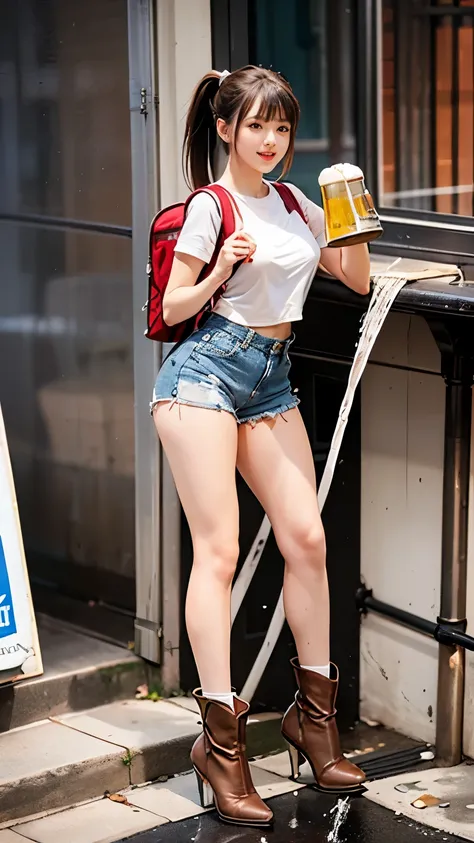 ((gulp down a drink beer mug:1.5)),voluptuous legs,(full body shot:1.2),Ultra high quality,cute face,Beautiful sexy japanese girl 1,whitet-shirt,Waistless tight sexy blue denim mini shorts,(wearing backpack:1.5),((wearing brown very short high heels boots ...