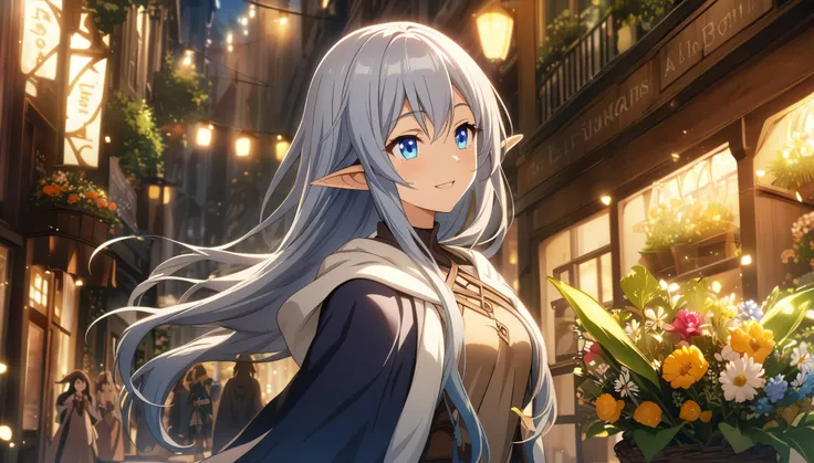 masterpiece、1 Elf Girl, Long Hair, blue eyes,  Dark Elf Girl,  Mage Robe, CG, The Singing Bard,smile,Light effects,A small flower shop in the city