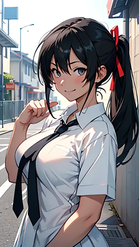 Anime girl with black hair and white shirt posing in the schoolyard,  Seductive Anime Girls, , Top rated on pixiv, Mikudayo, |  anime with attention to detail, have large breasts,  Kantai Collection Style , tits, Blue ribbon tie, Pixiv 3DCG, A mean smile, ...