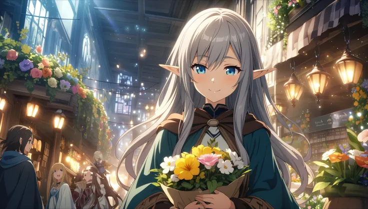 masterpiece、1 Elf Girl, Long Hair, blue eyes,  Dark Elf Girl,  Mage Robe, CG, The Singing Bard,smile,Light effects,A small flower shop in the city