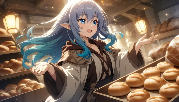 masterpiece、1 Elf Girl, Long Hair,Gradient Hair、 blue eyes,  Dark Elf Girl,  Mage Robe, CG, The Singing Bard,smile,Light effects,Preparing to open the bakery in the morning