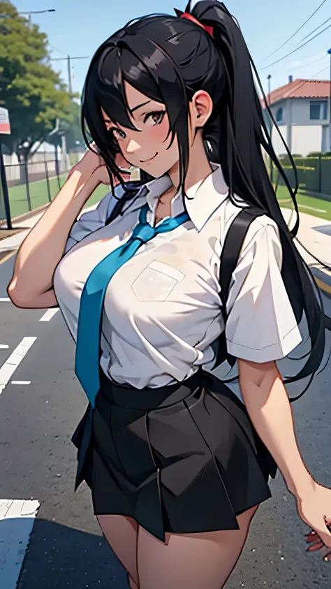 Anime girl with black hair and white shirt posing in the schoolyard,  Seductive Anime Girls, , Top rated on pixiv, Mikudayo, |  anime with attention to detail, have large breasts,  Kantai Collection Style , tits, Blue ribbon tie, Pixiv 3DCG, A mean smile, ...