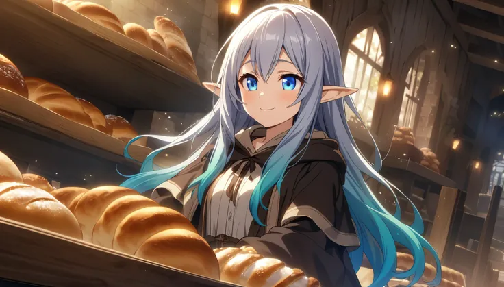 masterpiece、1 Elf Girl, Long Hair,Gradient Hair、 blue eyes,  Dark Elf Girl,  Mage Robe, CG, The Singing Bard,smile,Light effects,Preparing to open the bakery in the morning