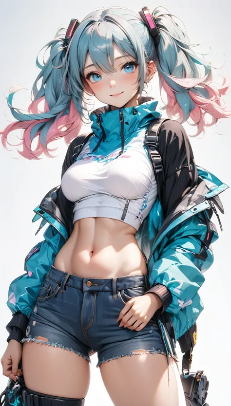 Cyberpunk（Hatsune Miku:2.0)、(masterpiece,最high quality,Ultra-high resolution),(((25-year-old woman))),Anime face、masterpiece, high quality, 最high quality, 16k,  very detailed, AI-generated,  Delicate and dynamic,Healthy Body, Height: 160cm,Cute Breasts:0.5...